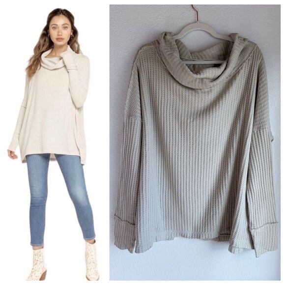 Free People Juicy Long Sleeve Waffle Cowl Neck Tulip Back Top Stone Cold Ivory - Picture 1 of 14